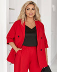 Short-sleeve blazer by Състав, featuring polyester, viscose, and spandex, displayed on a hanger.