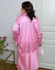 Satenized white shirt by Състав, made of 97% polyester and 3% elastane, shown on a hanger with a close-up of fabric.
