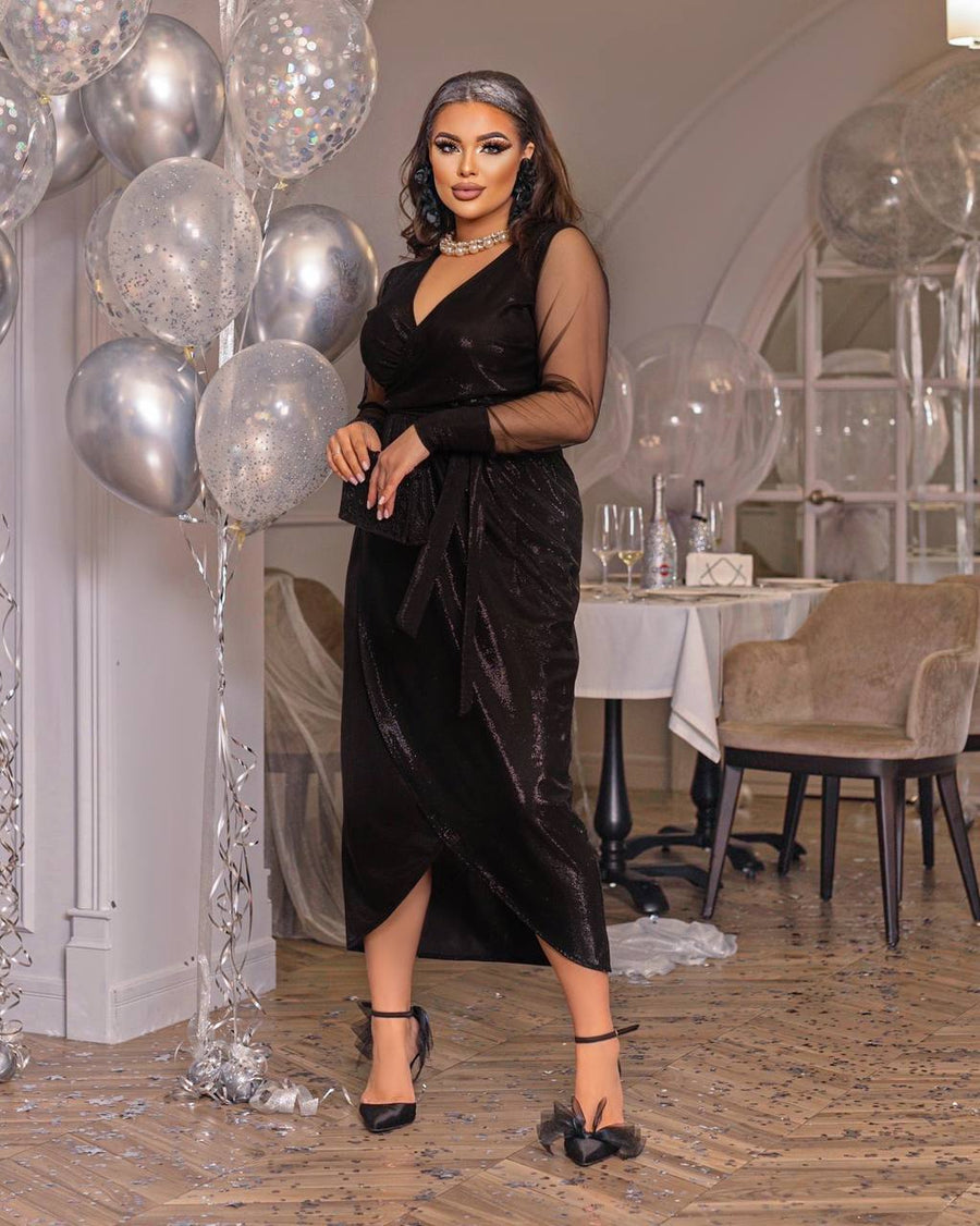 Блестяща рокля с мрежести ръкави - Twiggy Shop