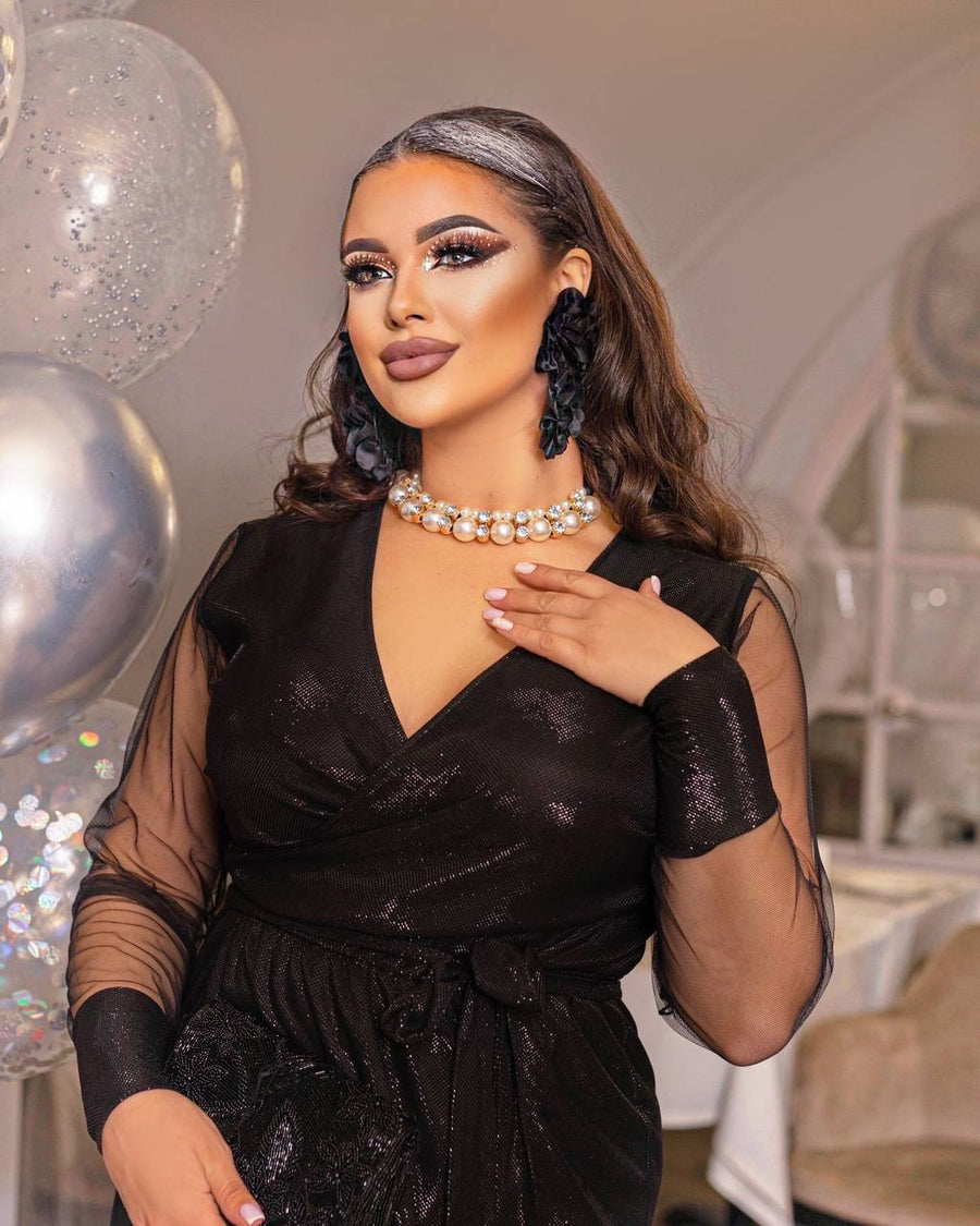 Блестяща рокля с мрежести ръкави - Twiggy Shop