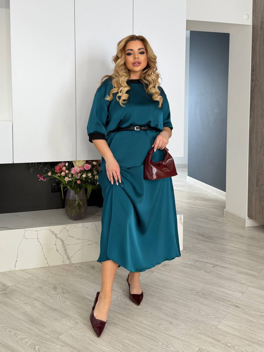 Копринен комплект от блуза и пола с колан - Twiggy Shop