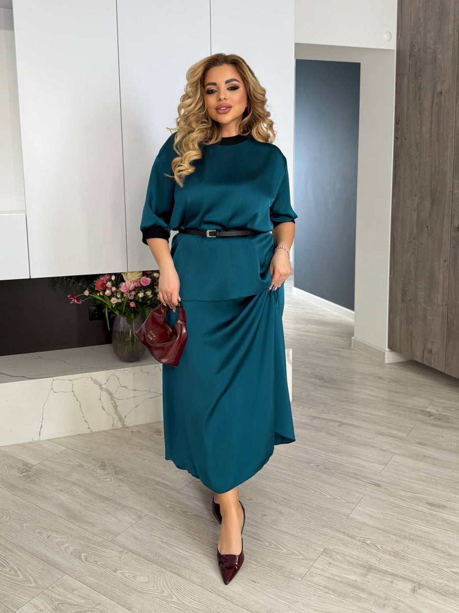 Копринен комплект от блуза и пола с колан - Twiggy Shop