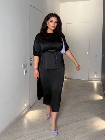 Копринен комплект от блуза и пола с колан - Twiggy Shop