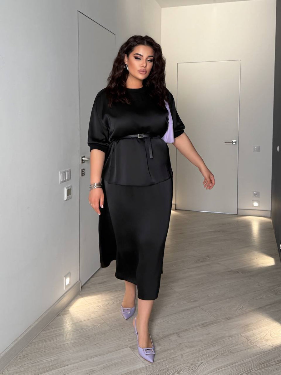 Копринен комплект от блуза и пола с колан - Twiggy Shop