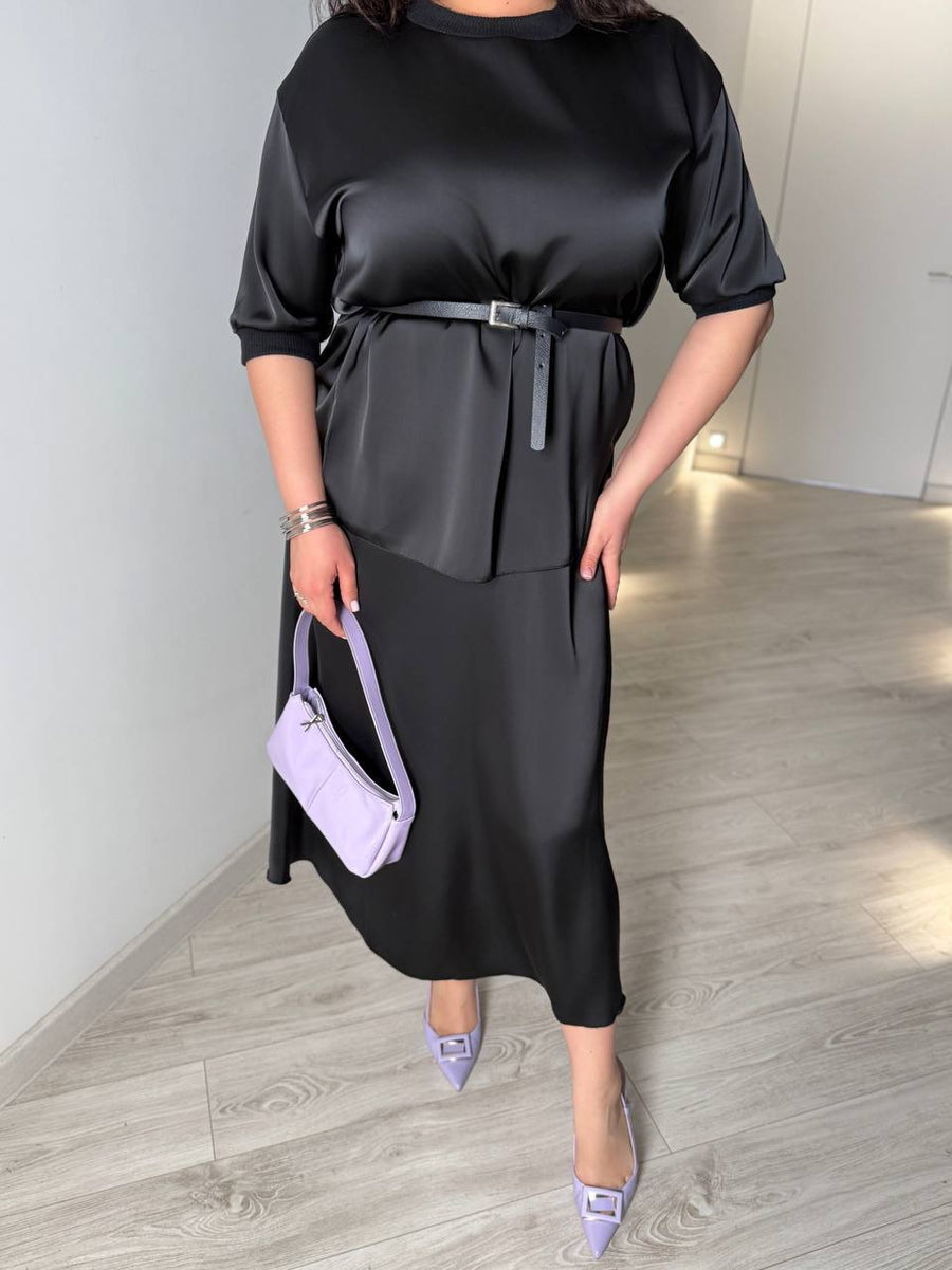 Копринен комплект от блуза и пола с колан - Twiggy Shop