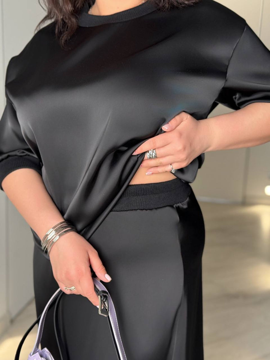 Копринен комплект от блуза и пола с колан - Twiggy Shop