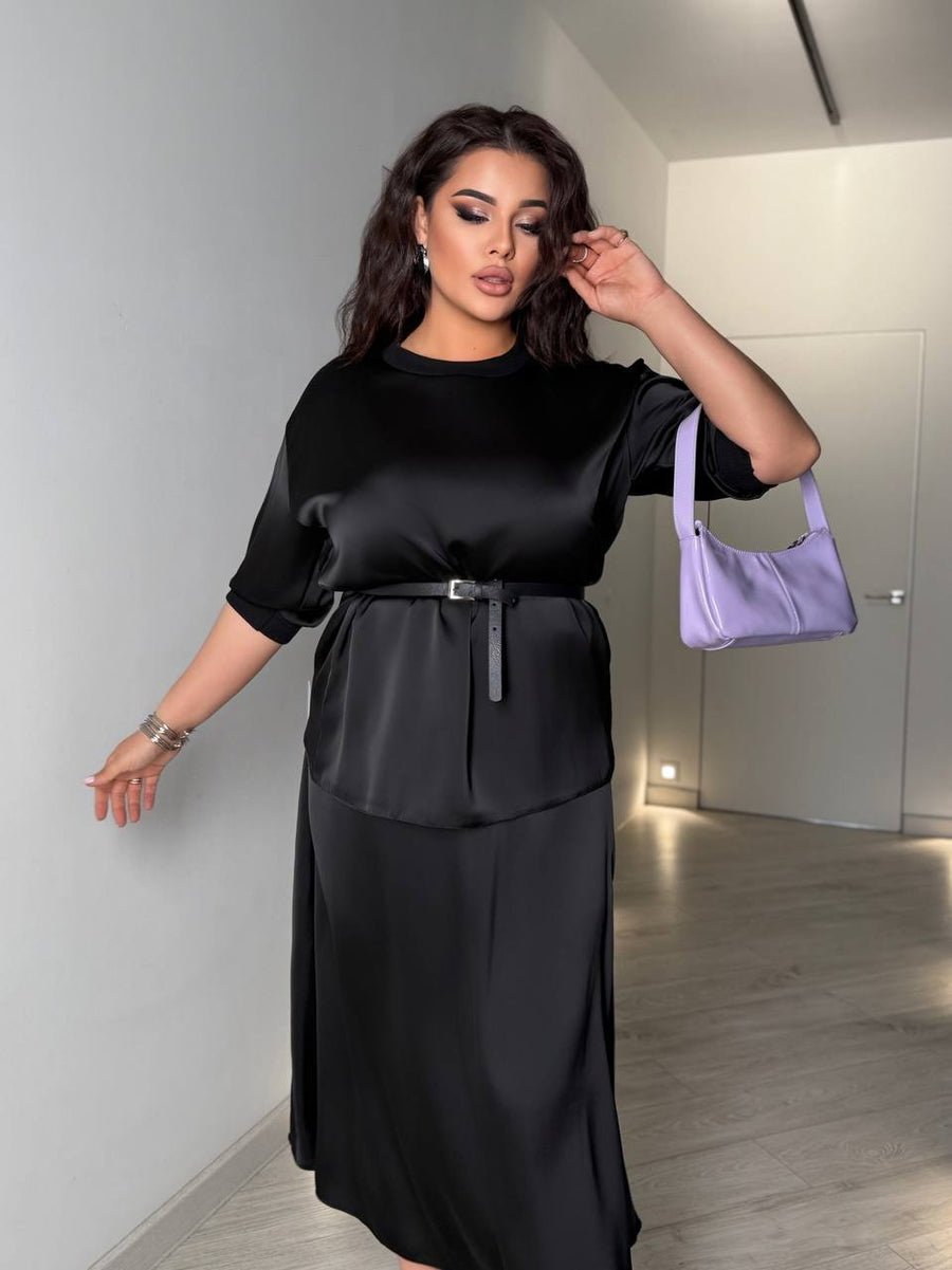 Копринен комплект от блуза и пола с колан - Twiggy Shop