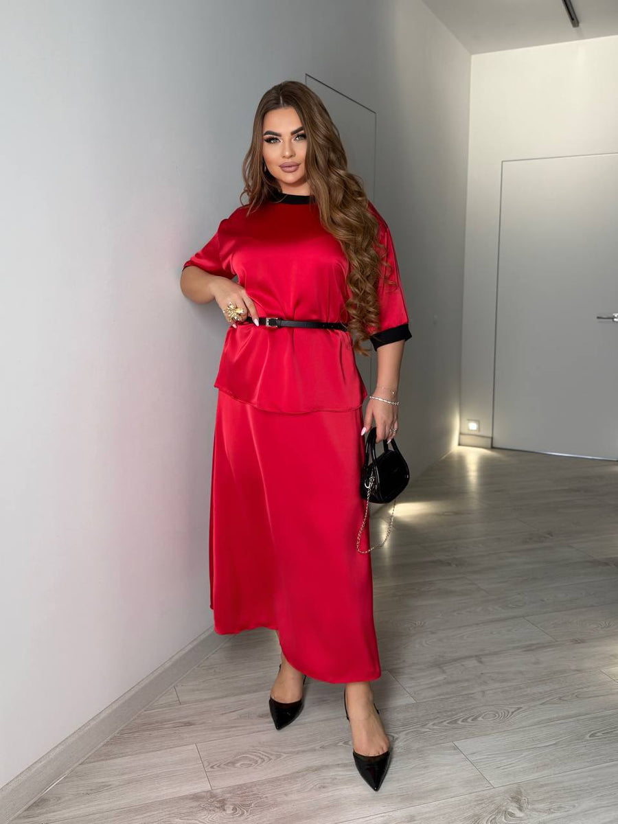 Копринен комплект от блуза и пола с колан - Twiggy Shop