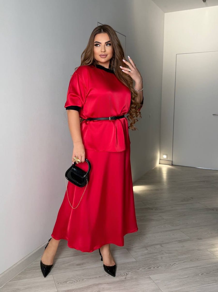 Копринен комплект от блуза и пола с колан - Twiggy Shop