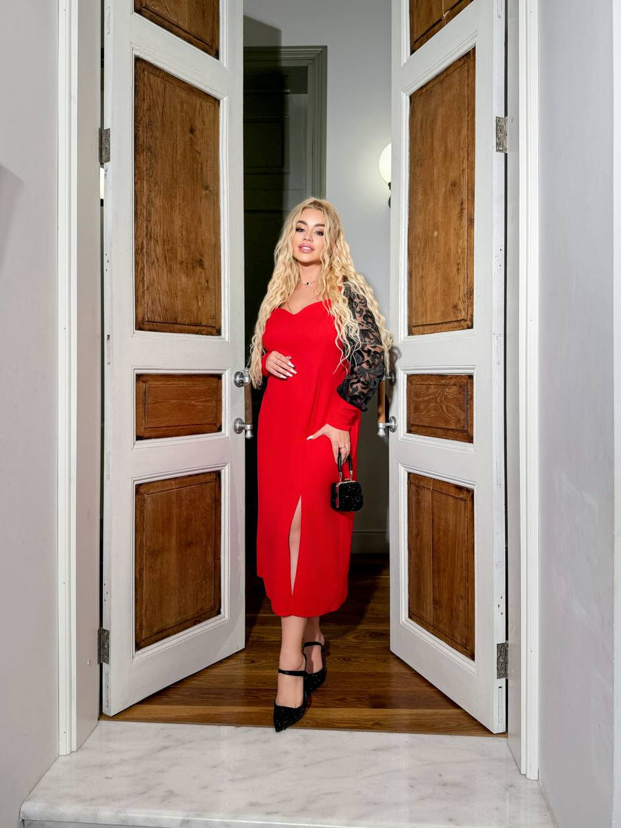 Миди рокля с мрежести ръкави - Twiggy Shop