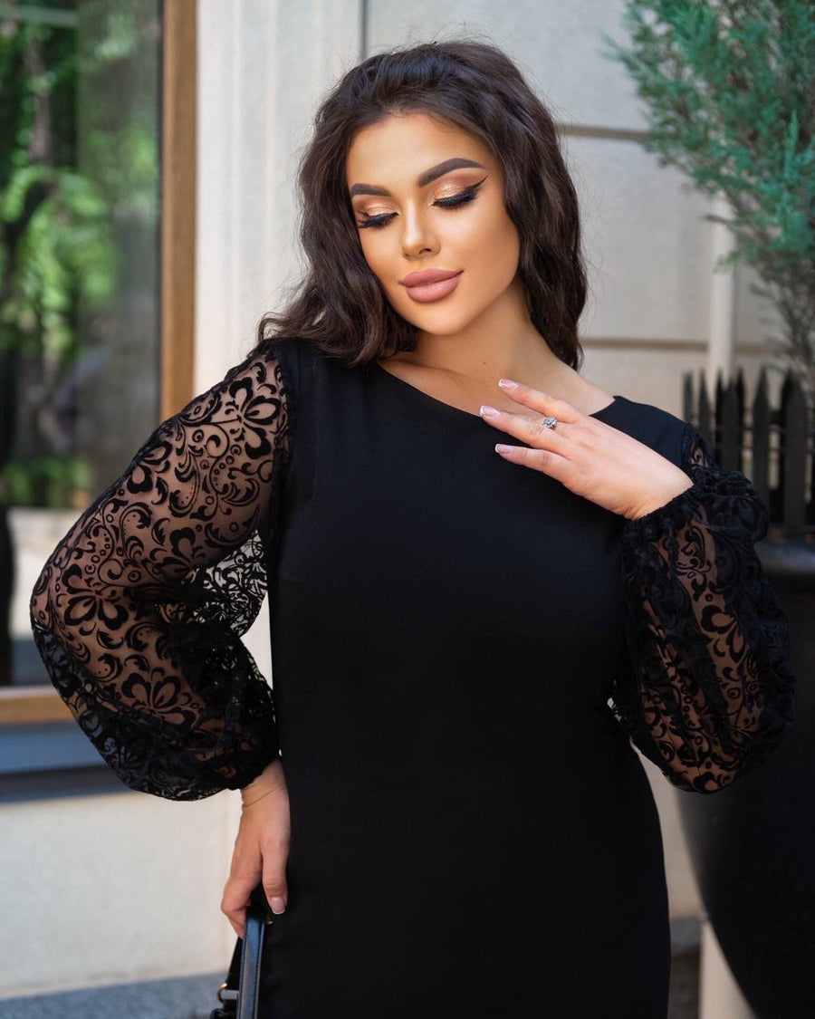 Вталена рокля с ръкави от тюл с флок - Twiggy Shop