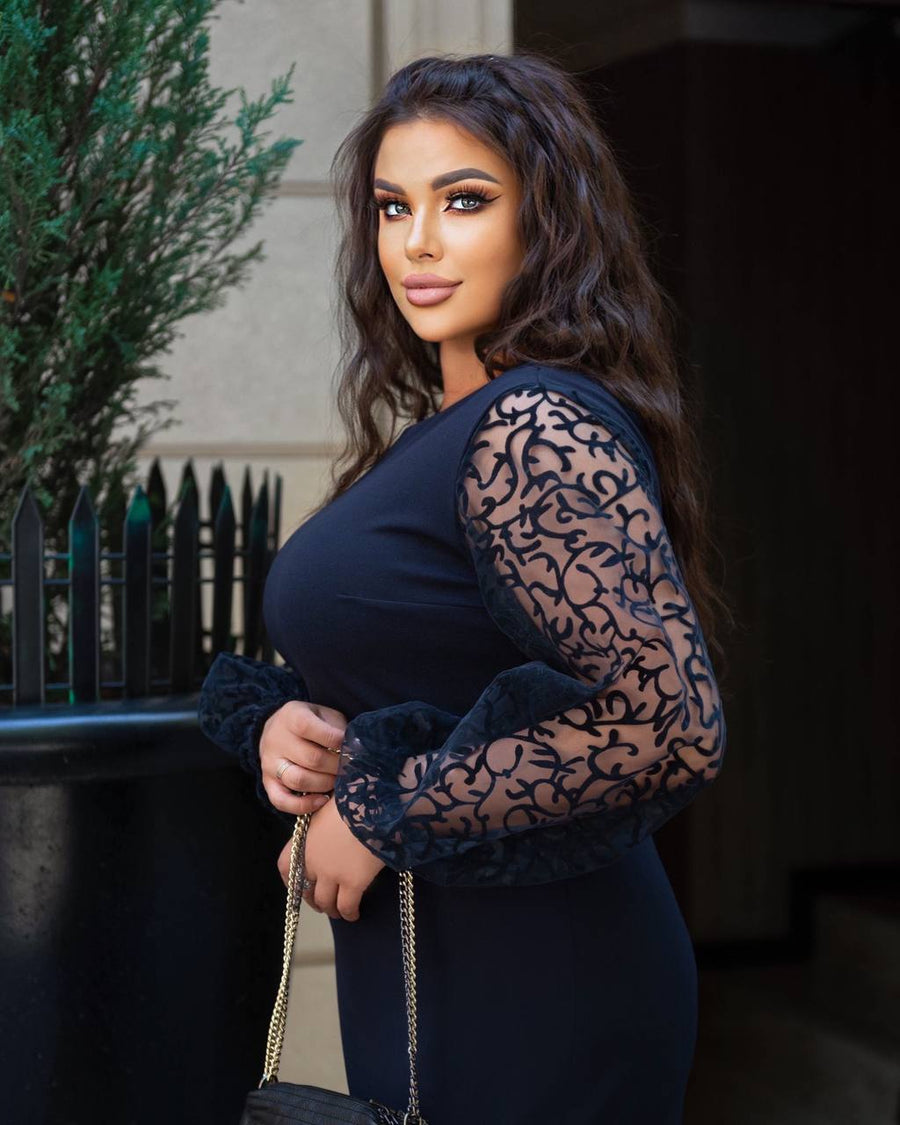 Вталена рокля с ръкави от тюл с флок - Twiggy Shop