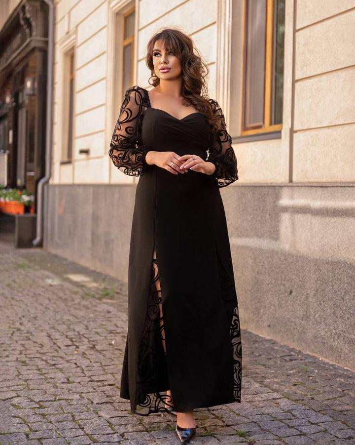 Дълга рокля ръкави от тюл с флок - Twiggy Shop