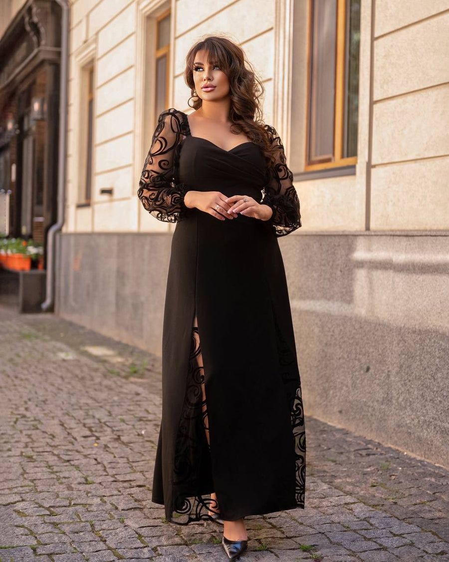 Дълга рокля ръкави от тюл с флок - Twiggy Shop