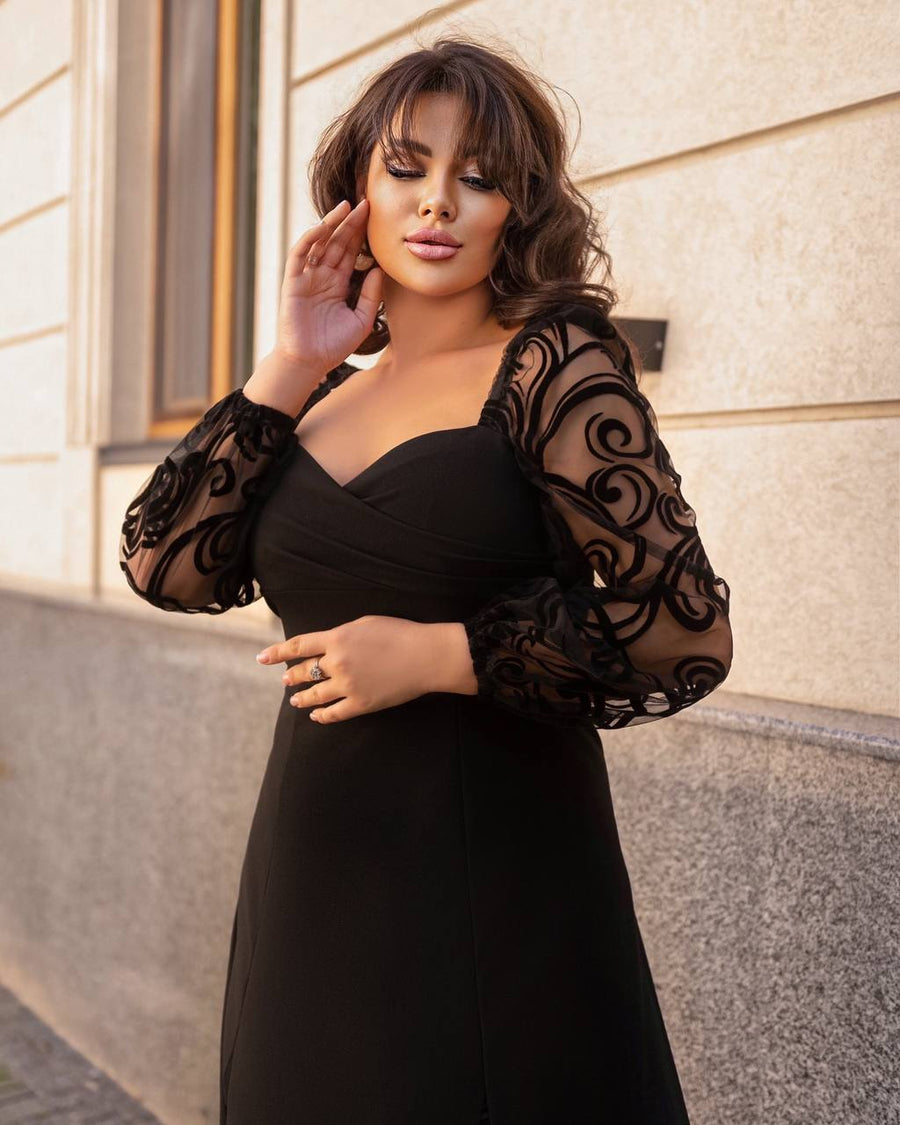 Дълга рокля ръкави от тюл с флок - Twiggy Shop