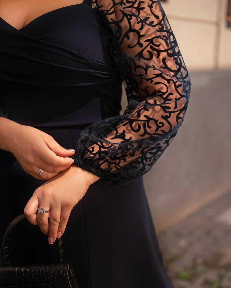 Дълга рокля ръкави от тюл с флок - Twiggy Shop