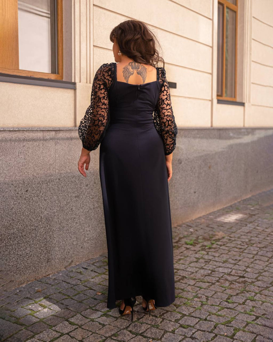 Дълга рокля ръкави от тюл с флок - Twiggy Shop