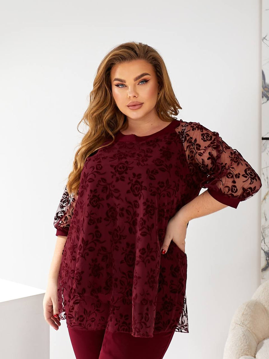 Комплект с блуза от флок материя - Twiggy Shop