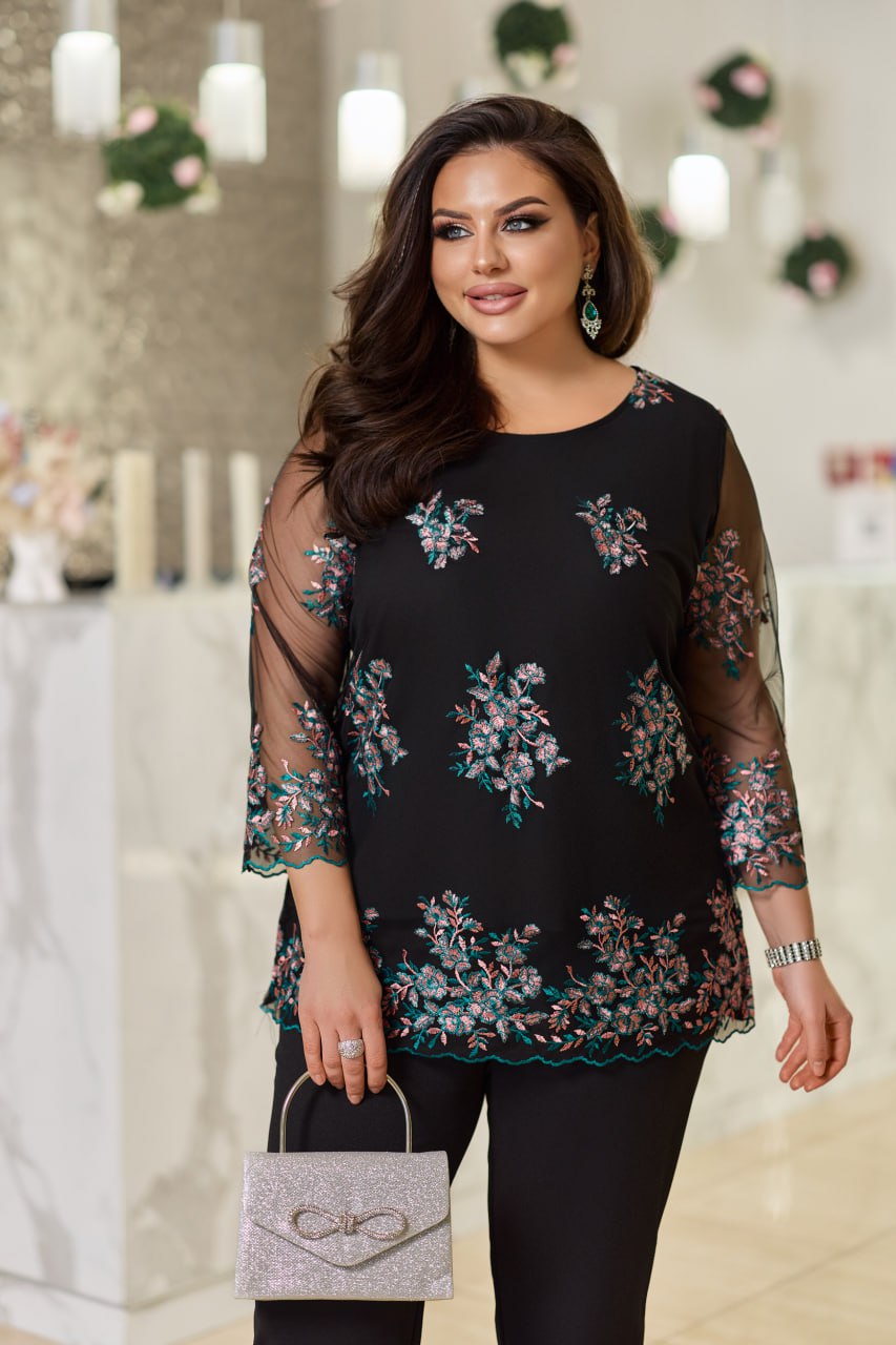 Комплект с блуза от мрежа с бродерия - Twiggy Shop