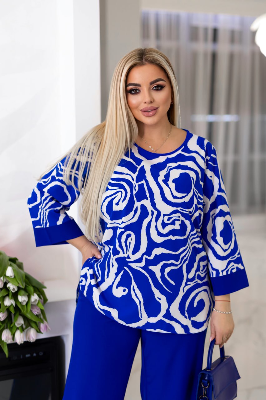 Комплект от широк панталон и принтирана блуза - Twiggy Shop