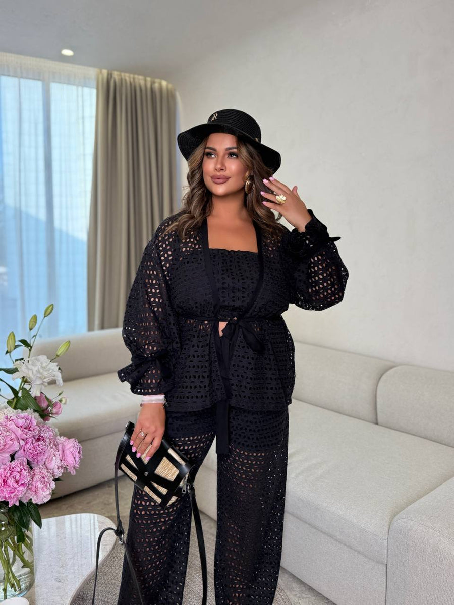 Памучен комплект с бродерия в три части - Twiggy Shop