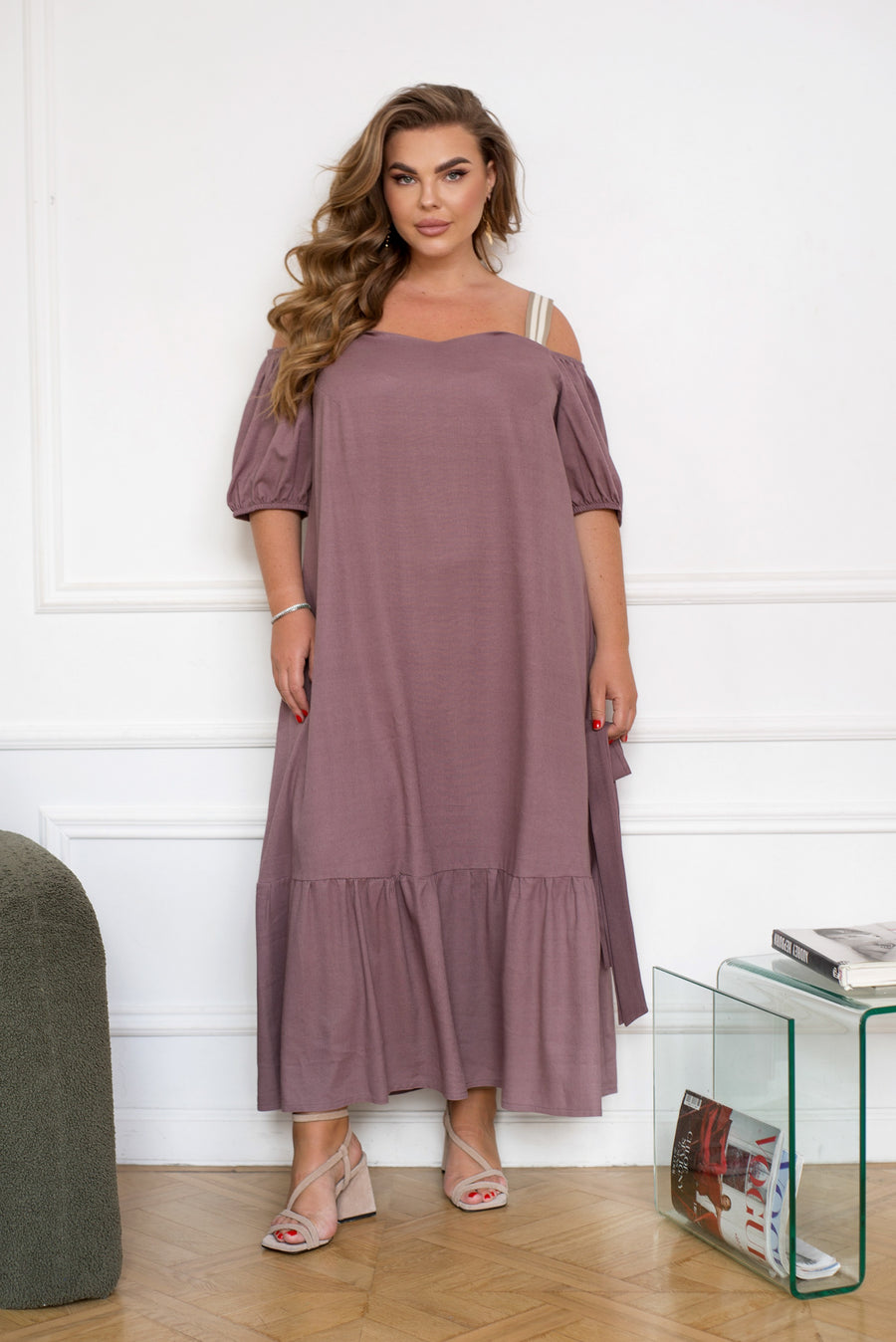 Ленена миди рокля с презрамки - Twiggy Shop