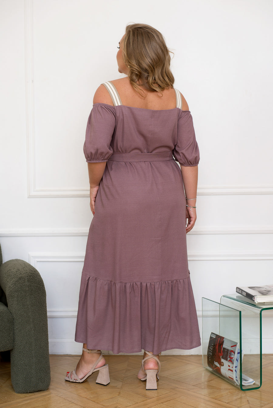 Ленена миди рокля с презрамки - Twiggy Shop