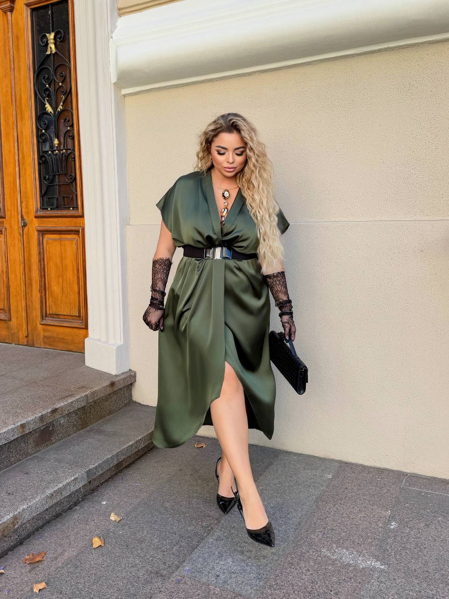 Вечерна рокля с прехлупване и колан - Twiggy Shop