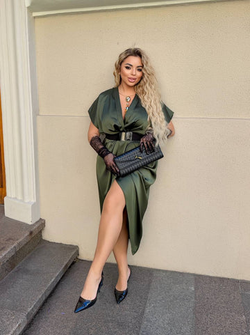 Вечерна рокля с прехлупване и колан - Twiggy Shop