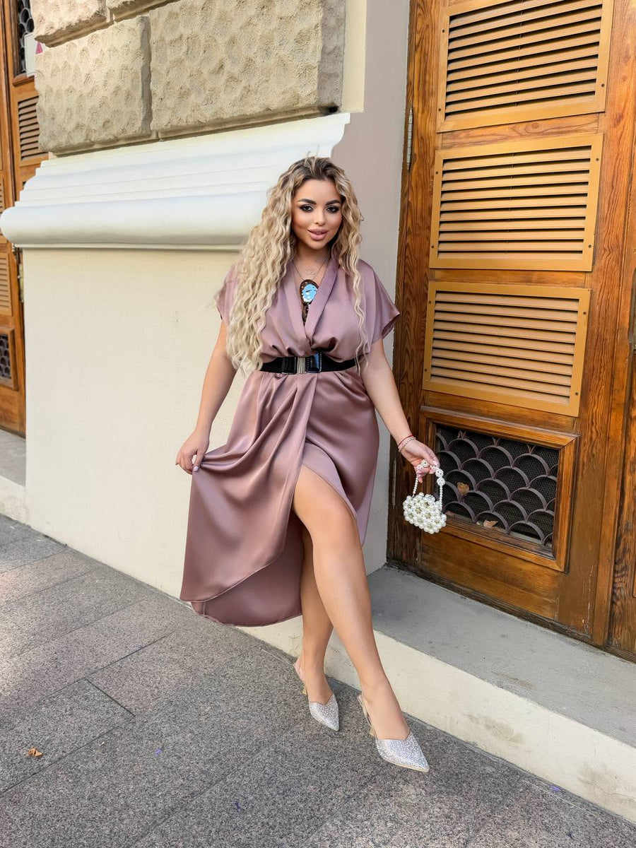 Вечерна рокля с прехлупване и колан - Twiggy Shop