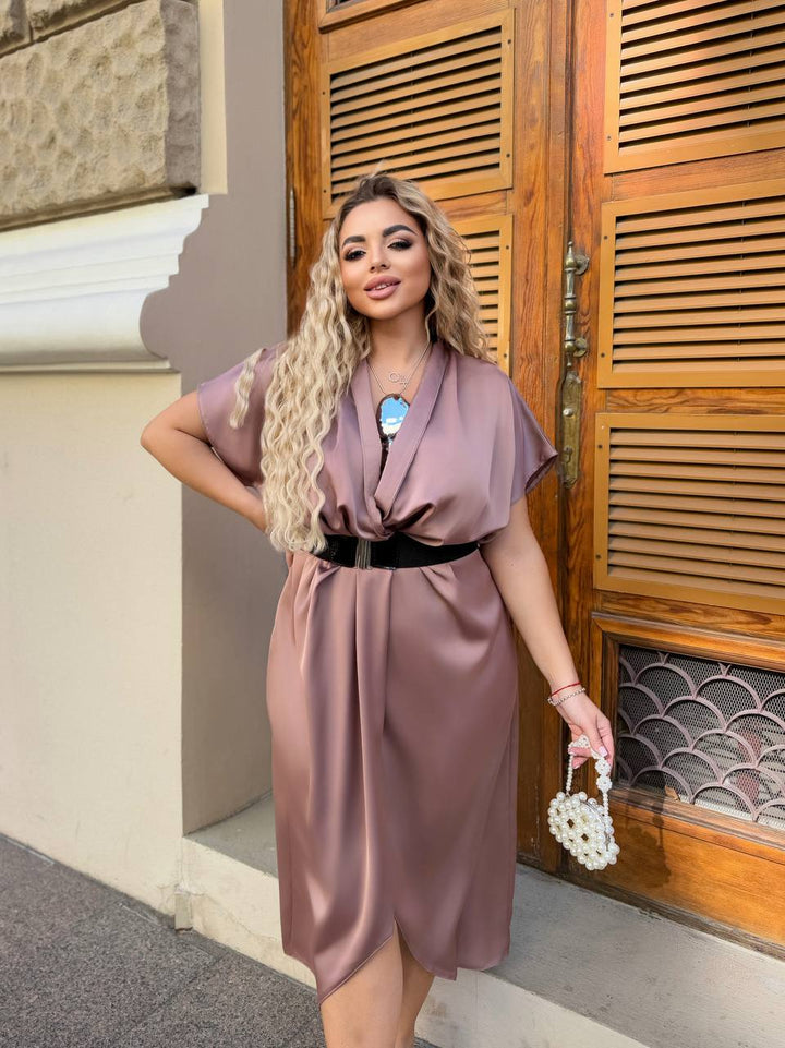 Вечерна рокля с прехлупване и колан - Twiggy Shop