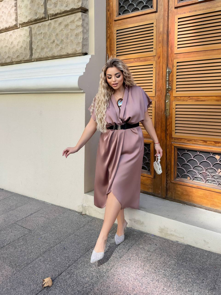 Вечерна рокля с прехлупване и колан - Twiggy Shop