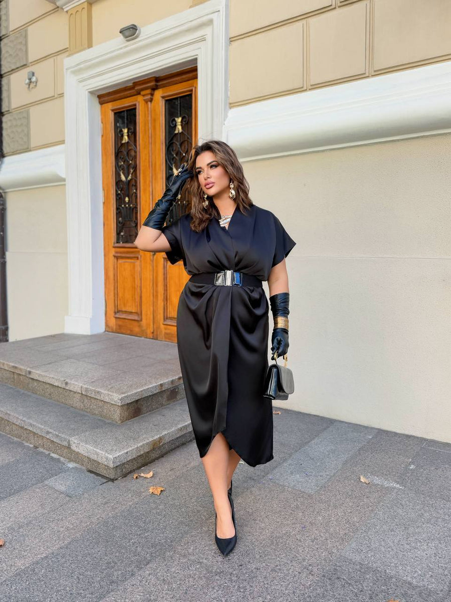 Вечерна рокля с прехлупване и колан - Twiggy Shop