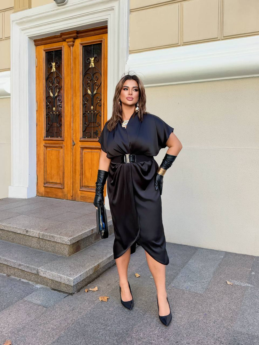 Вечерна рокля с прехлупване и колан - Twiggy Shop