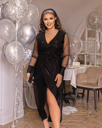 Блестяща рокля с мрежести ръкави - Twiggy Shop