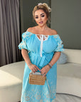 Ленена миди рокля с бродерия
