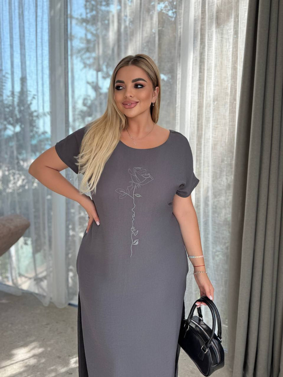 Рокля в права кройка с бродерия - Twiggy Shop