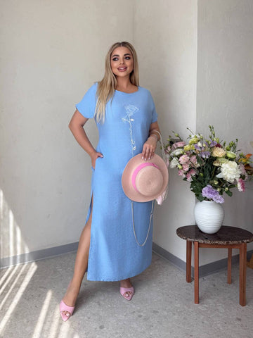 Рокля в права кройка с бродерия - Twiggy Shop